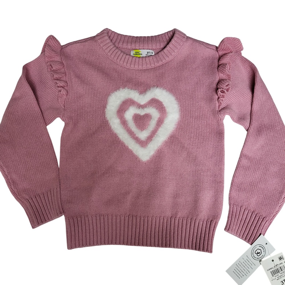 Epic Threads Girls Pink Heart Fuzzy‎ Applique Ruffle Sweater 3T NWT Valentine's